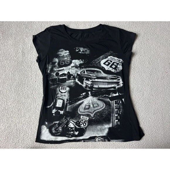 Route 66 Tops - Vintage Y2K Route 66 Black & White Car Graphic Tshirt Womens M or Juniors XL